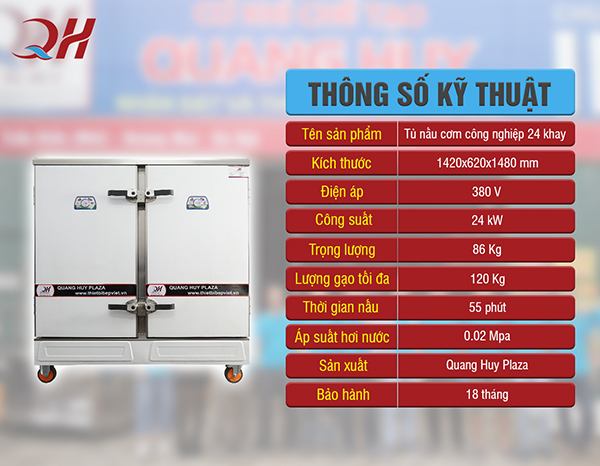 Thông số kỹ thuật tủ nấu cơm công nghiệp 24 khay