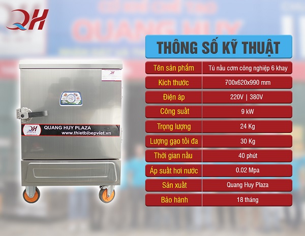 Thông số kỹ thuật tủ nấu cơm công nghiệp bằng điện 6 khay