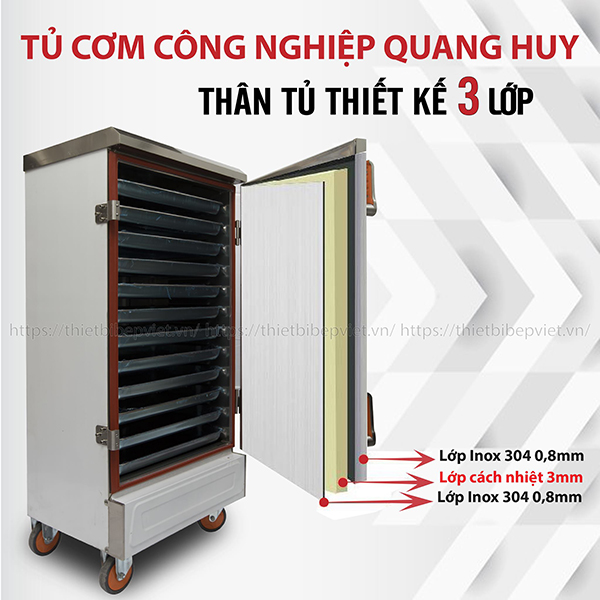 Thân tủ cơm công nghiệp được thiết kế 3 lớp cách nhiệt tốt