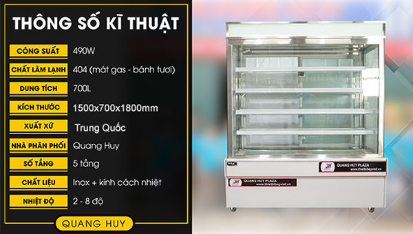 Thông số tủ bánh kem 5 tầng 1m5 kính vuông