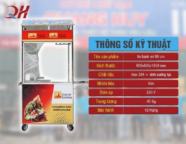 Thông số kỹ thuật của xe bán bánh mì 90cm