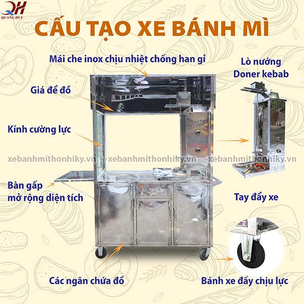 Xe bán bánh mì Quang Huy được thiết kế chắc chắn + tiện lợi
