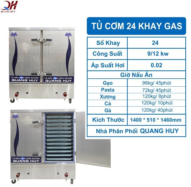 Thông số tủ cơm công nghiệp 24 khay gas