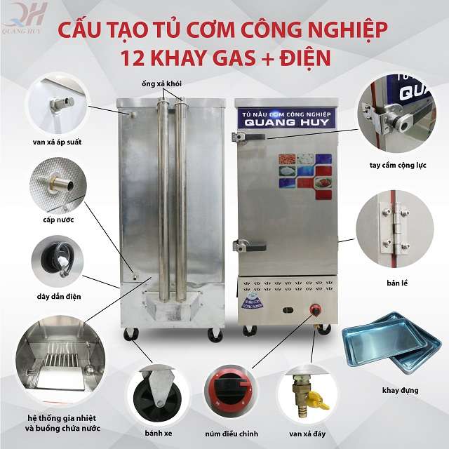 Cấu tạo tủ nấu cơm công nghiệp 12 khay điện gas