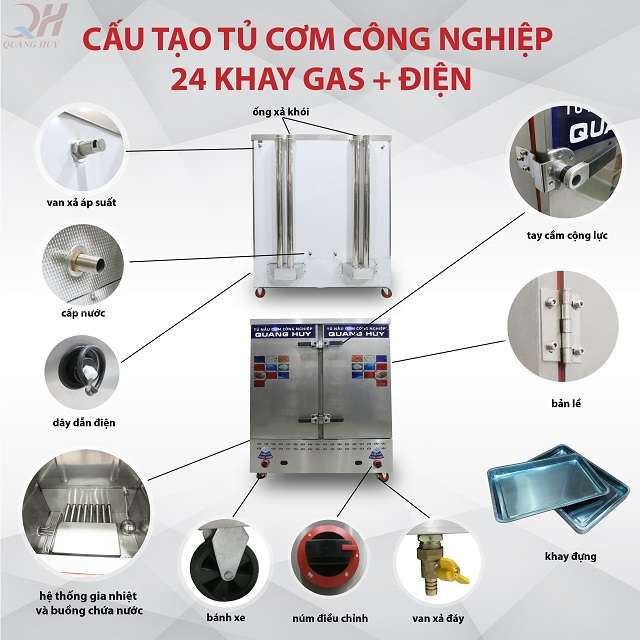Cấu tạo tủ nấu cơm công nghiệp 24 khay điện gas