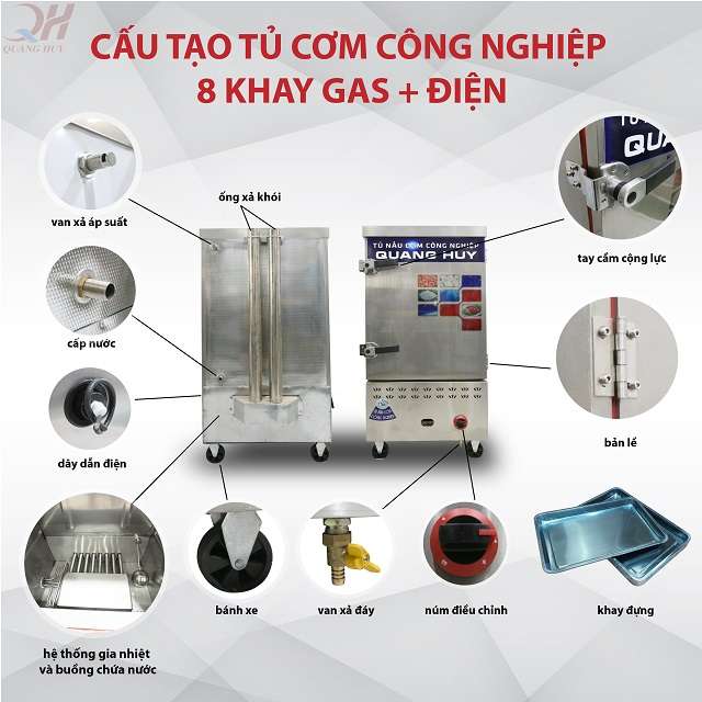 Cấu tạo tủ nấu cơm công nghiệp 8 khay điện gas