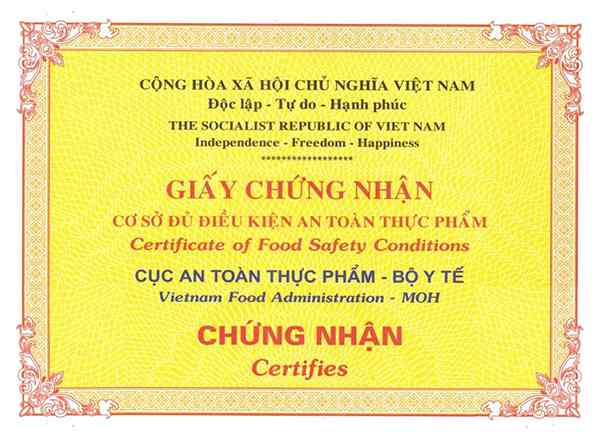 Giấy chứng nhận an toàn vệ sinh thực phẩm