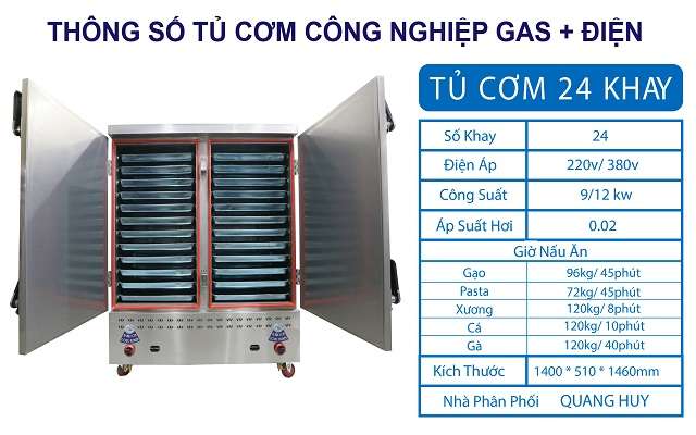 Thông số tủ nấu cơm công nghiệp 24 khay điện gas