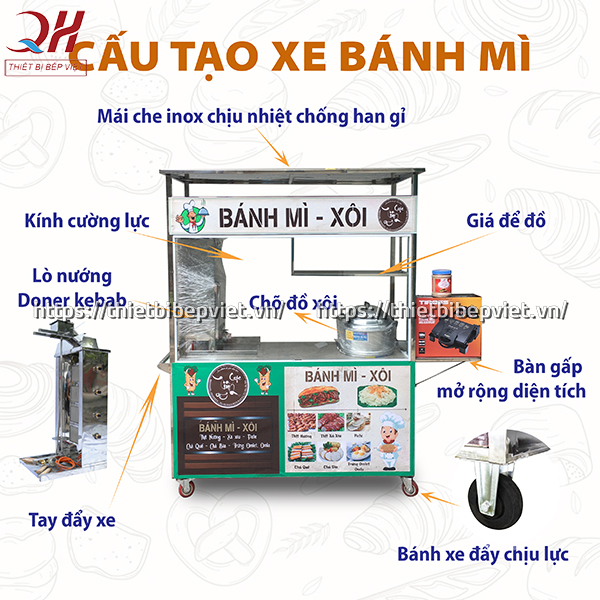 Cấu tạo xe bánh mì xôi 1m5 mẫu mới của Quang Huy