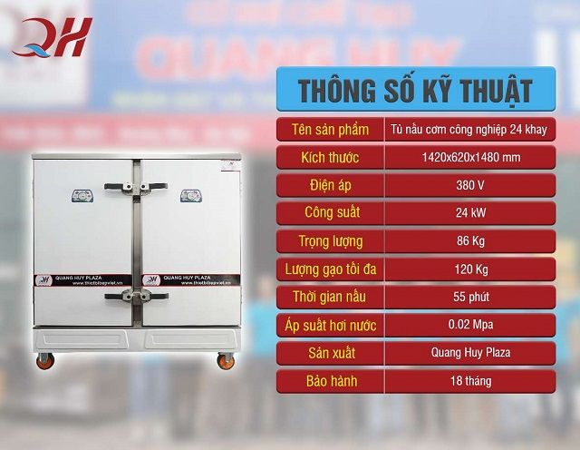 Thông số kỹ thuật tủ nấu cơm 24 khay điện