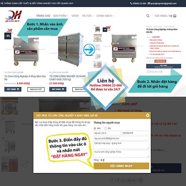 Hướng dẫn đặt mua tủ nấu cơm trên hệ thống website của Quang Huy