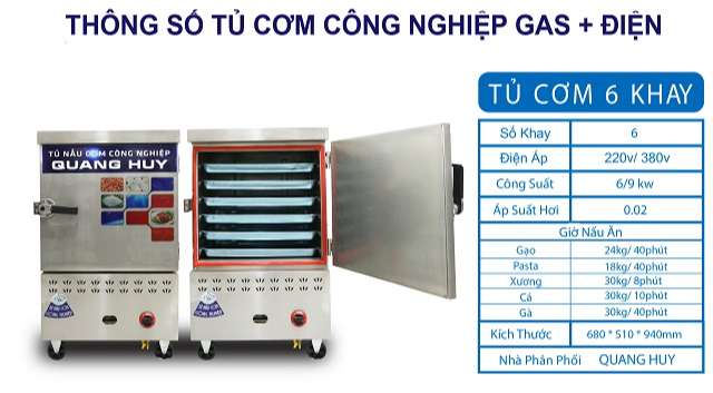 Thông số kỹ thuật tủ nấu cơm 6 khay bằng gas