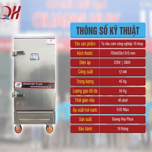 Thông số tủ nấu cơm 10 khay bằng điện