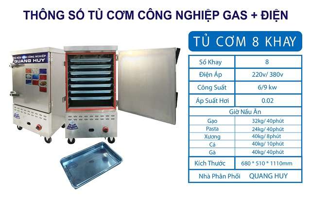 Thông số tủ nấu cơm 8 khay bằng gas