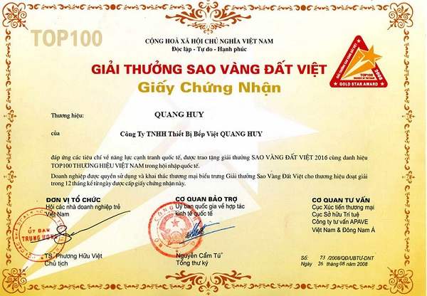 Giấy chứng nhận cho những đóng góp của Quang Huy