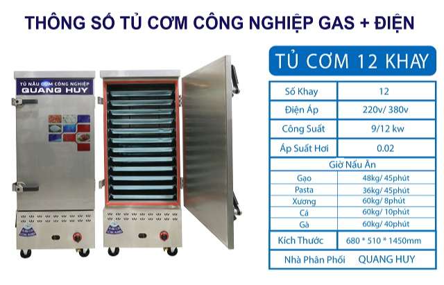 Thông số kỹ thuật tủ cơm 12 khay chạy gas