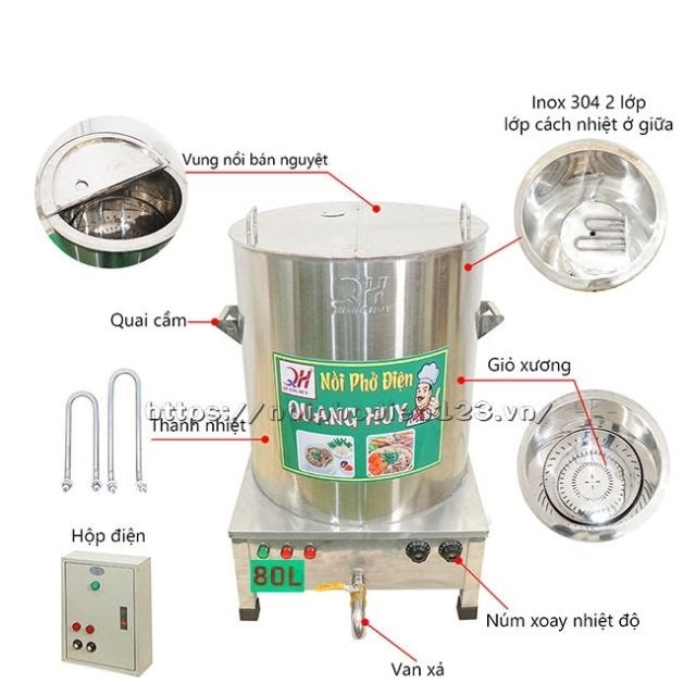 Chi tiết cấu tạo nồi nấu phở 80 lít bằng điện