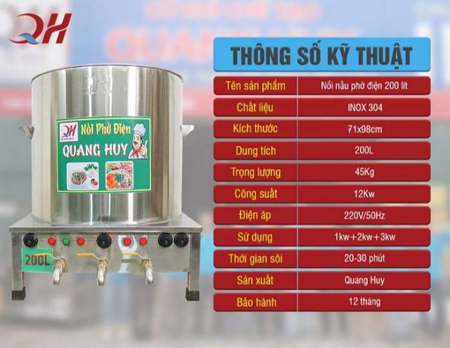 Thông số nồi phở điện 200 lít