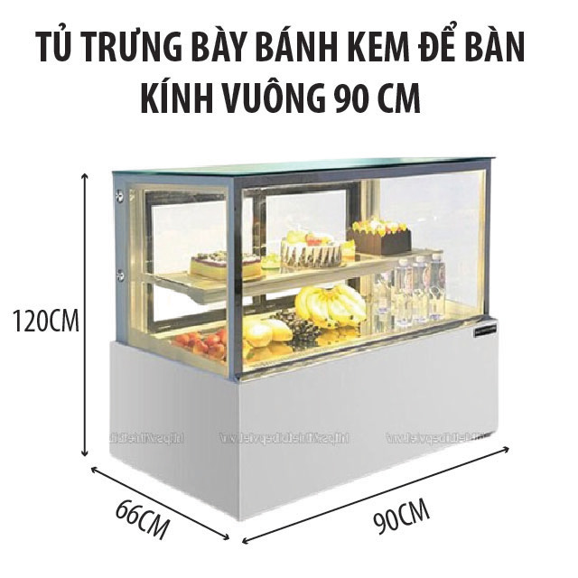 Tủ trưng bày bánh kem để bàn kính vuông 90cm 2 tầng