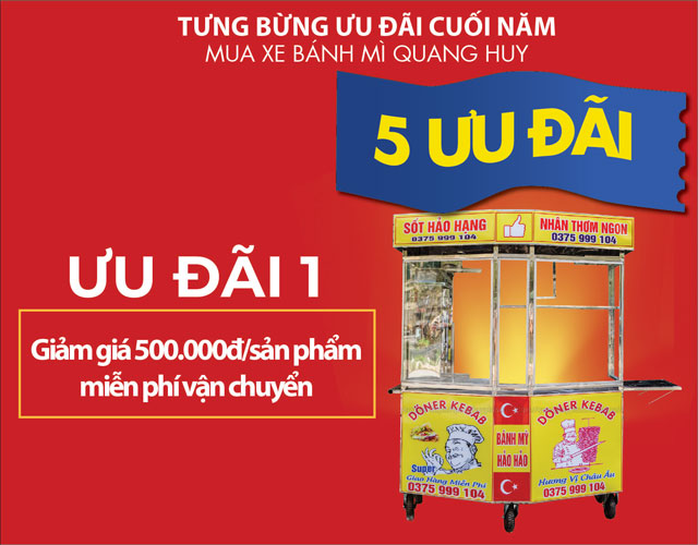 Khuyến mãi 1 xe bánh mì Quang Huy, Giảm giá 500.000 VNĐ khi mua xe bánh mì Quang Huy