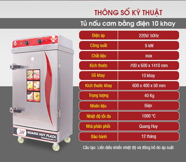 Th&ocirc;ng số kỹ thuật tủ nấu cơm điện 10 khay c&oacute; điều khiển