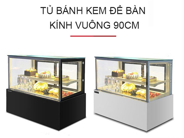 Tủ trưng bày bánh kem để bàn 90cm 2 tầng kính vuông