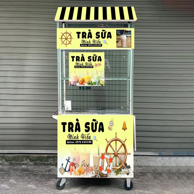 xe đẩy bán trà sữa decal màu vàng