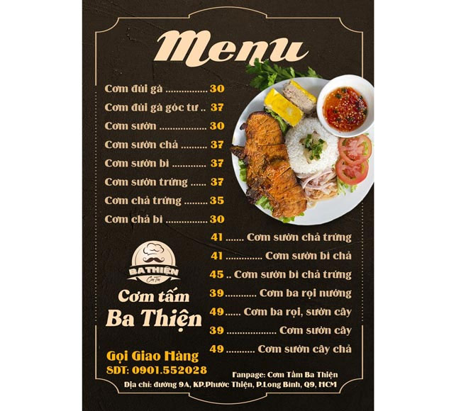 menu cơm tấm với font chữ ấn tượng